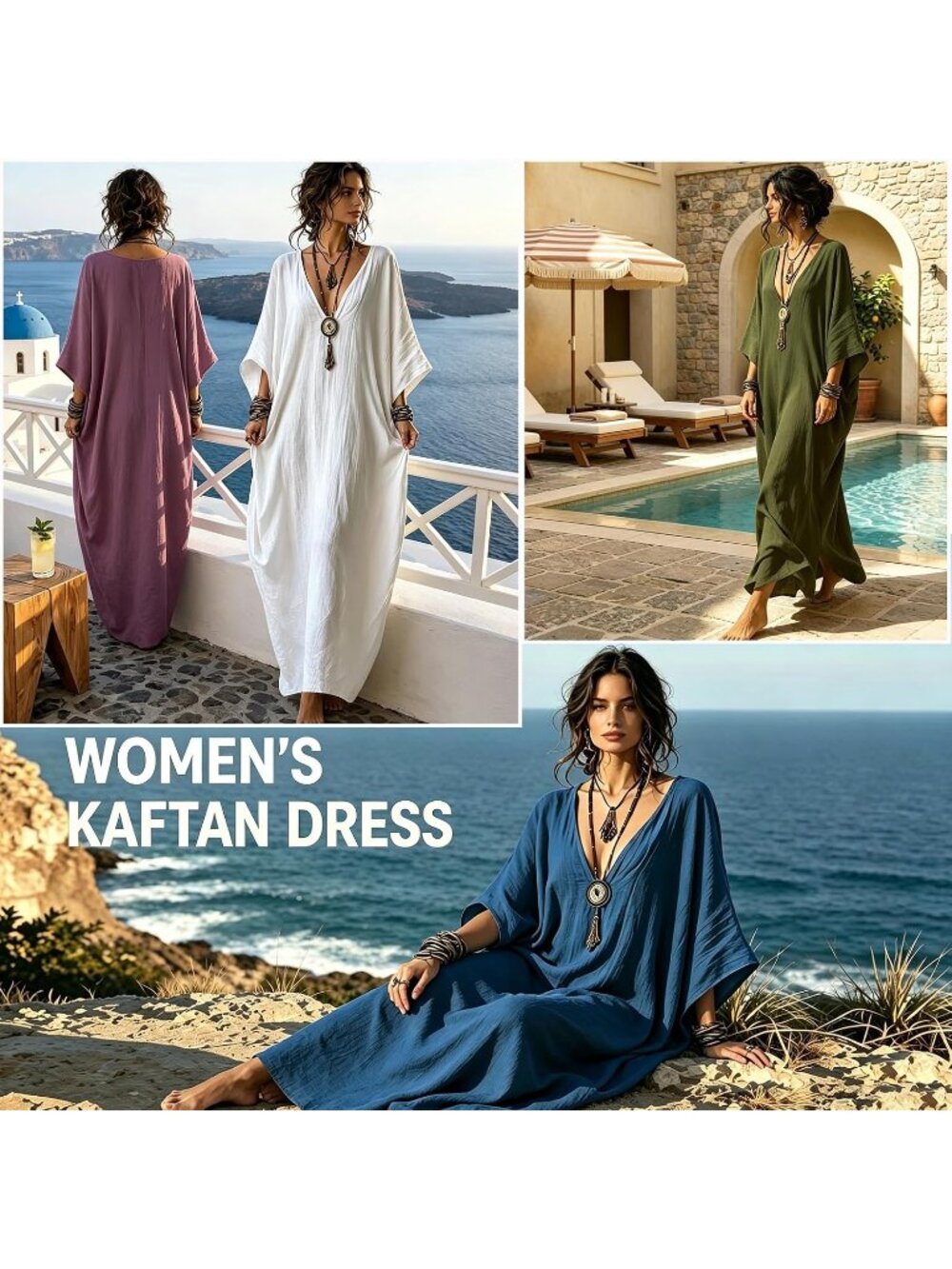 Women's White Stylish V Neck Kaftan Dress Loose Maxi Beach Cover Up Pool Lounge - Picture 2 of 6